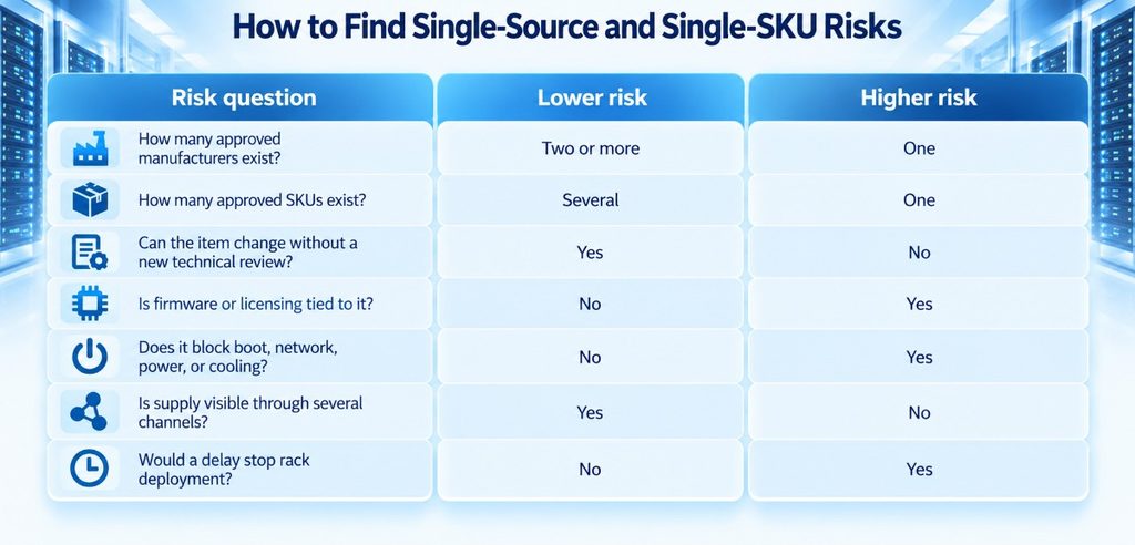Infographic comparing lower- and higher-risk indicators for single-source and single-SKU dependencies.