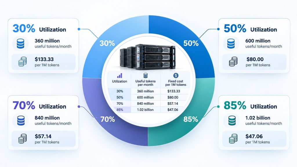 AI infrastructure utilization chart showing how higher GPU utilization increases useful token output and lowers cost per 1 million tokens from $133.33 at 30% to $47.06 at 85%.
