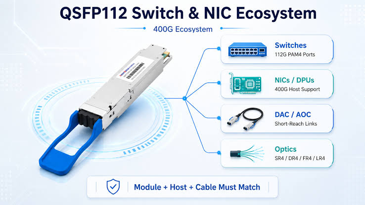 Infographic showing a QSFP112 switch and NIC ecosystem with switches, NICs/DPUs, DAC/AOC cables, and optics that must be compatible.