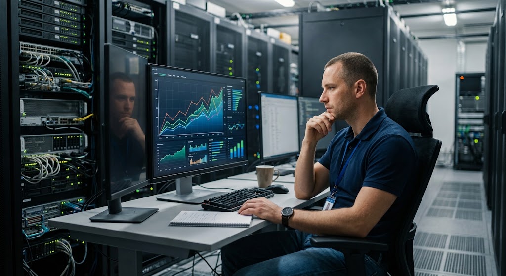 Engineer analyzing an AI ROI graph on a monitor in a data center.