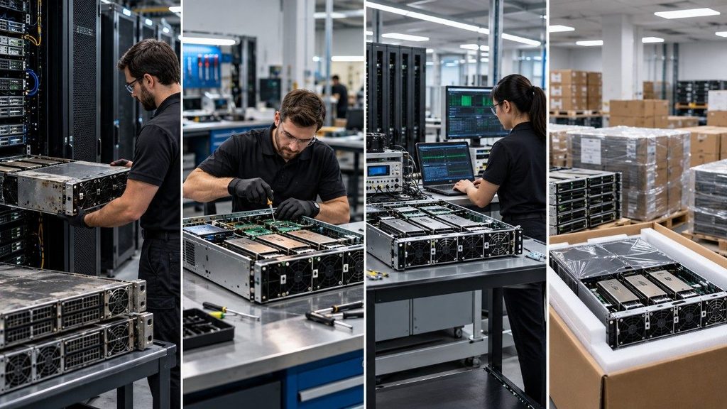 Technicians inspecting, testing, validating, and packaging enterprise servers, illustrating differences between used, refurbished, recertified, and OEM-surplus hardware.