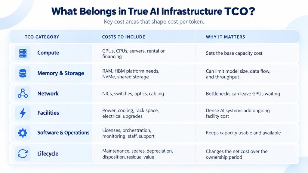 AI infrastructure TCO table showing key cost categories: compute, memory and storage, network, facilities, software and operations, and lifecycle costs that affect cost per token.