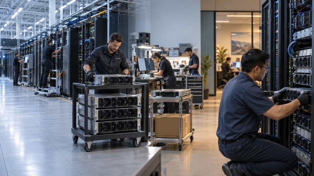 Technicians servicing and redeploying enterprise GPU servers in a data center, illustrating hardware upgrades, reuse, and lifecycle management.