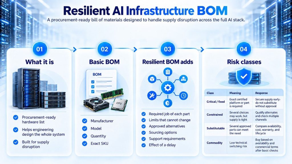 Infographic explaining a resilient AI infrastructure BOM, including core components, added resilience measures, and procurement risk classes.