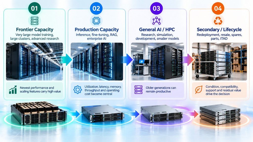 AI capacity cascade showing four stages: frontier capacity, production capacity, general AI/HPC, and secondary lifecycle use, from large-scale training through redeployment and resale.