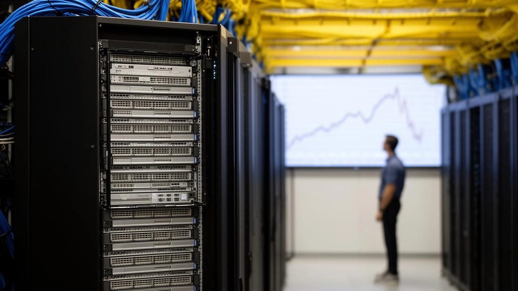Server rack in a data center with an engineer reviewing a memory demand trend chart, illustrating the server memory supercycle.