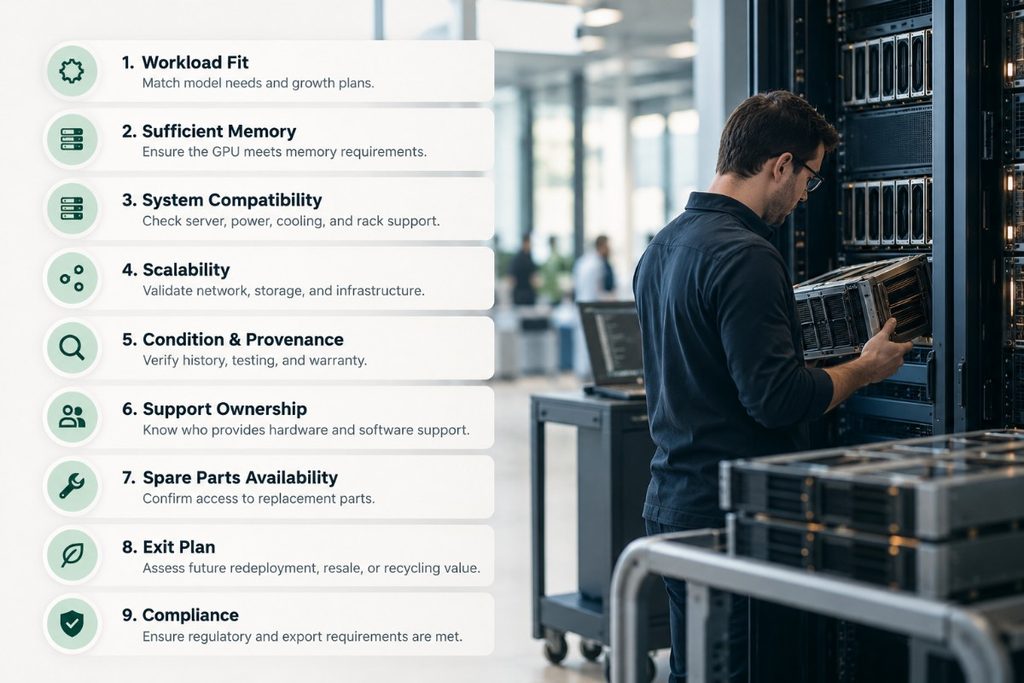 AI capacity cascade infrastructure planning checklist covering workload fit, memory, compatibility, scalability, condition, support, spare parts, exit planning, and compliance.