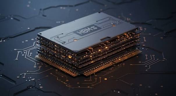 Close-up illustration of stacked GPU and HBM memory modules on a circuit board.